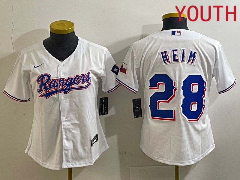 Youth Texas Rangers 28 Heim White Nike Game 2024 MLB Jersey style 1